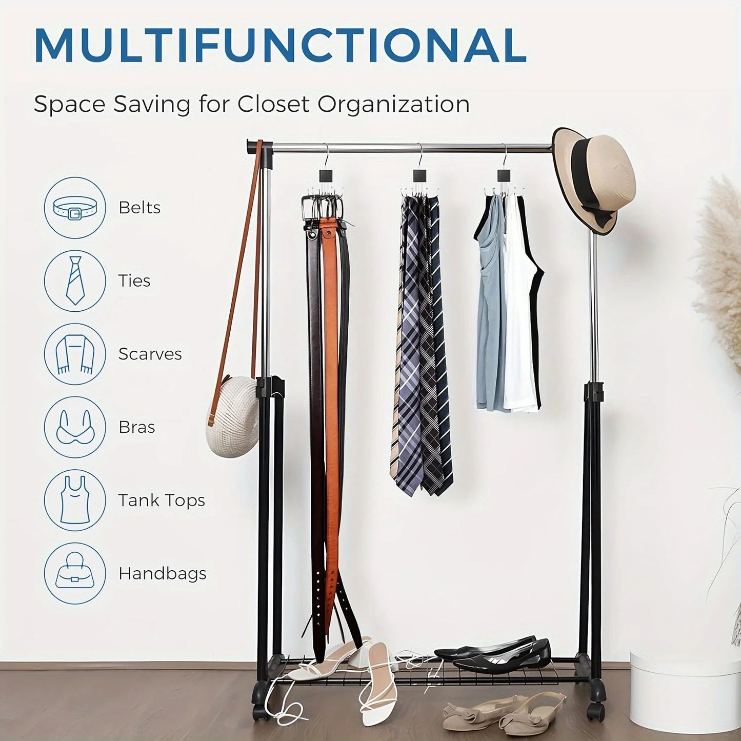 24-Slot Rotating Multi-Claw Belt & Accessory Hanger – 360° Metal Hook Closet Organizer with Wooden Top