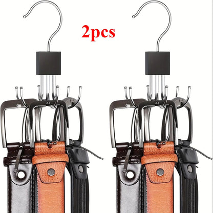 24-Slot Rotating Multi-Claw Belt & Accessory Hanger – 360° Metal Hook Closet Organizer with Wooden Top