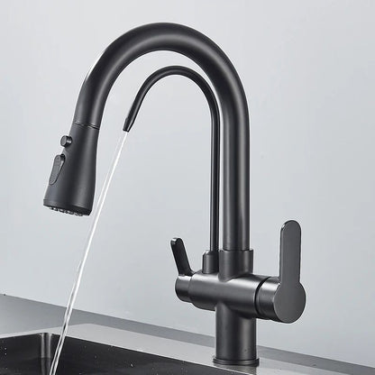 AquaFlex 3-Way Filtered Kitchen Faucet with Pull-Out Sprayer & 360° Rotation – Matte Black