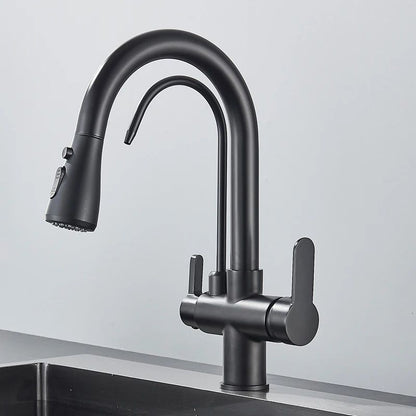 AquaFlex 3-Way Filtered Kitchen Faucet with Pull-Out Sprayer & 360° Rotation – Matte Black