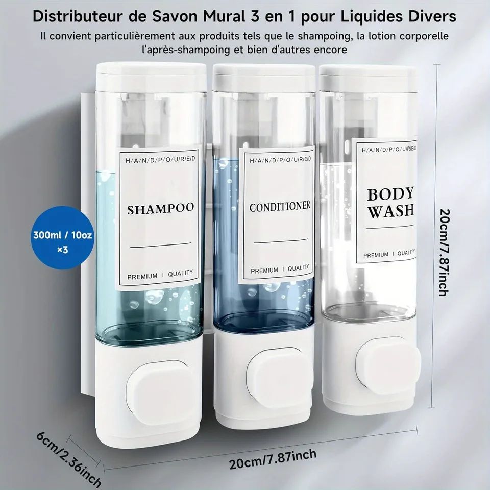 3-Chamber Wall-Mounted Shower Soap Dispenser – No-Drill Shampoo & Conditioner Organizer