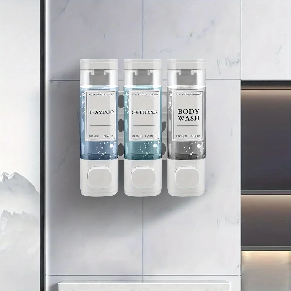 3-Chamber Wall-Mounted Shower Soap Dispenser – No-Drill Shampoo & Conditioner Organizer