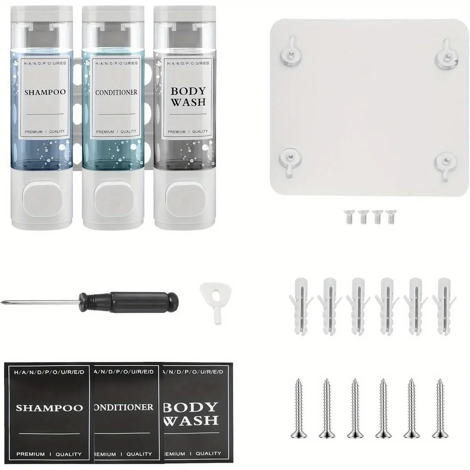 3-Chamber Wall-Mounted Shower Soap Dispenser – No-Drill Shampoo & Conditioner Organizer
