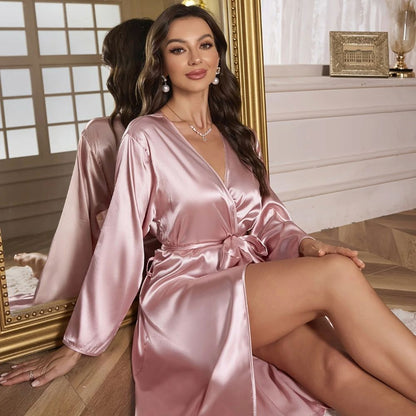Luxury Silk Satin Robe Elegant V Neck Sleepwear for Women