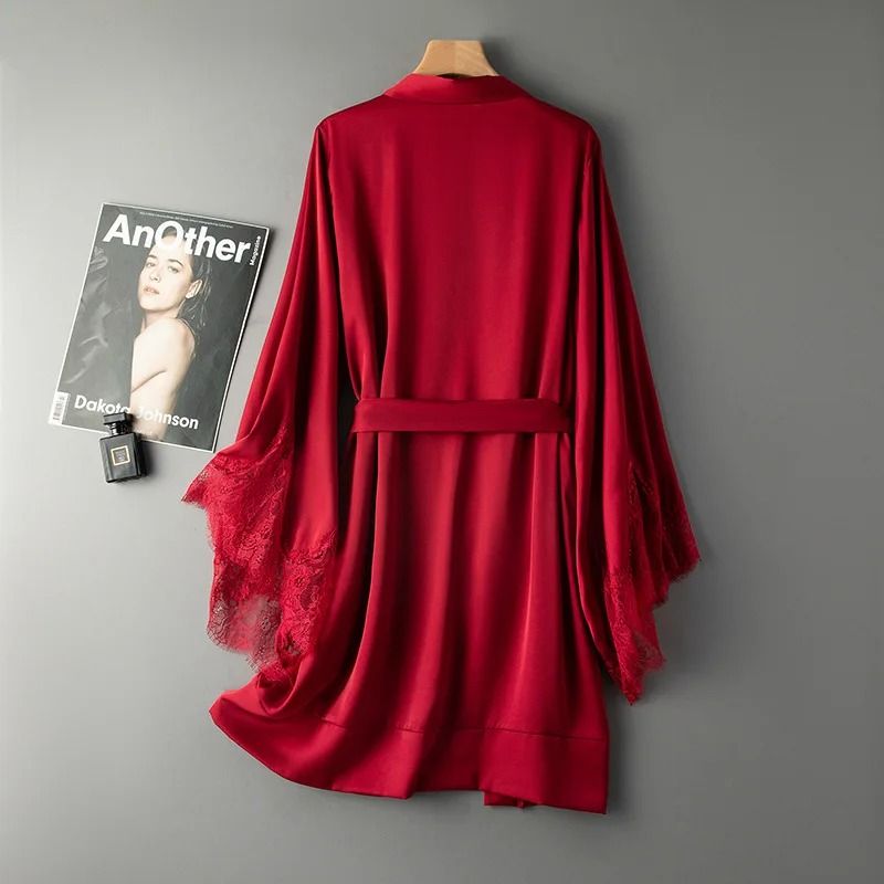 Pink Lace Satin Bridal Nightgown Kimono Bathrobe for Women