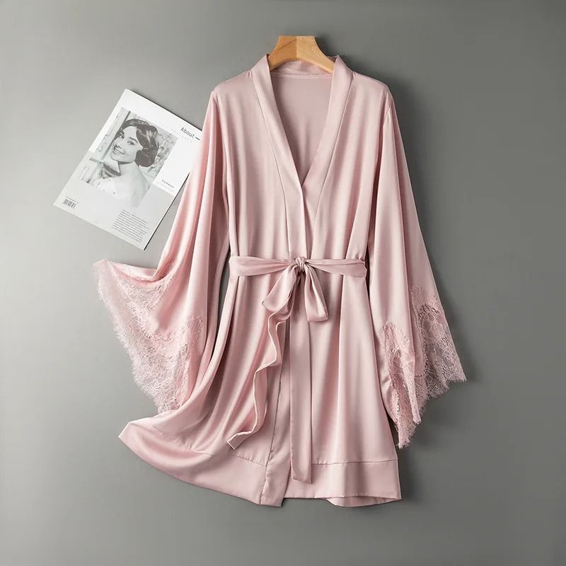 Pink Lace Satin Bridal Nightgown Kimono Bathrobe for Women