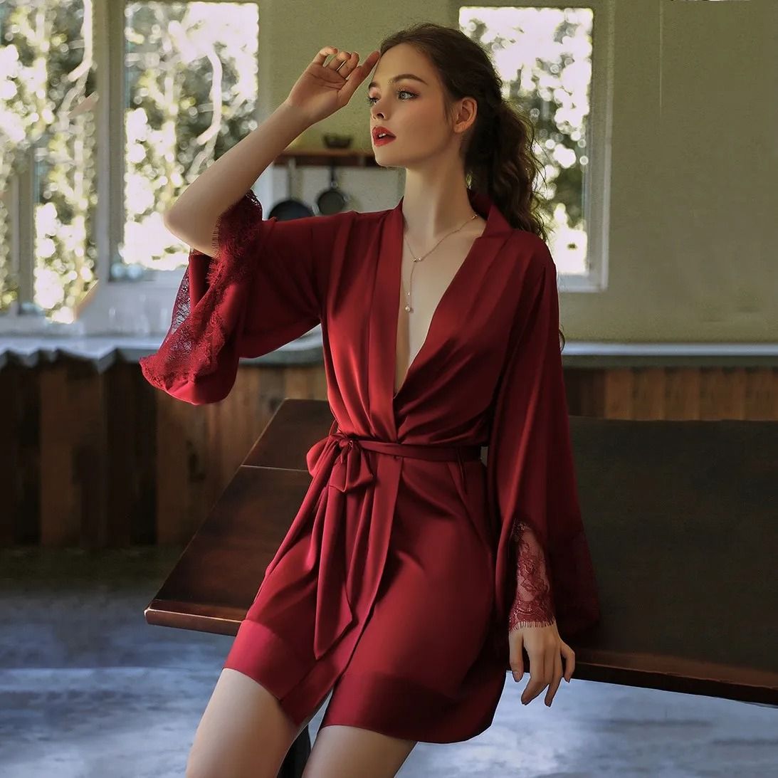 Pink Lace Satin Bridal Nightgown Kimono Bathrobe for Women