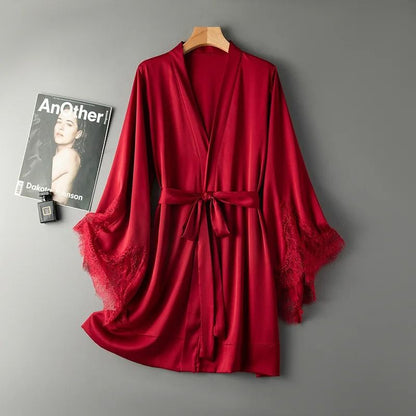 Pink Lace Satin Bridal Nightgown Kimono Bathrobe for Women