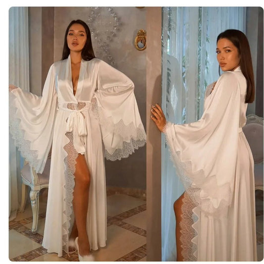 Black Silk Satin Lace Trim Kimono Long Wedding Photo Shoot Robe