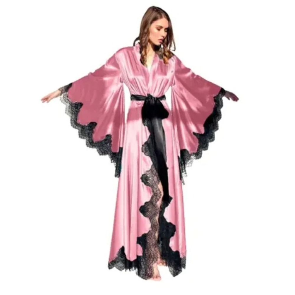 Black Silk Satin Lace Trim Kimono Long Wedding Photo Shoot Robe