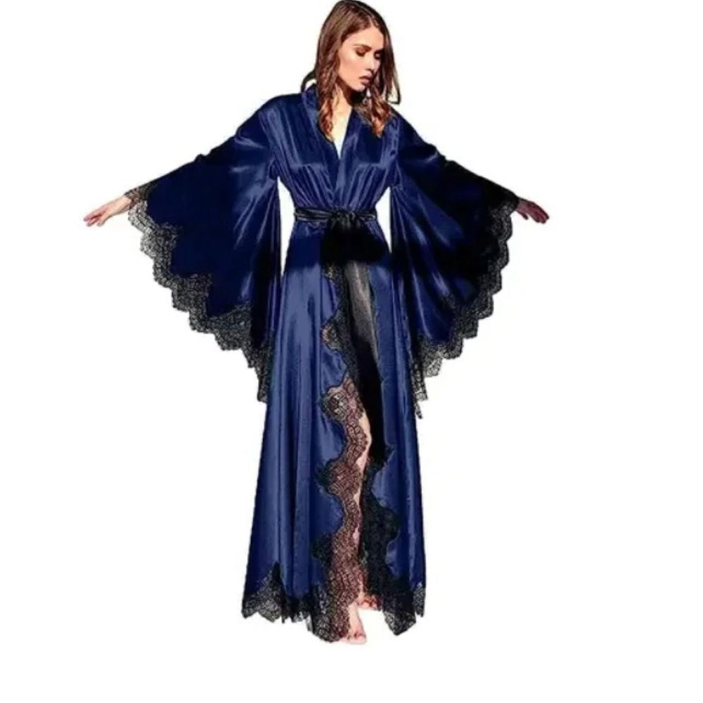 Black Silk Satin Lace Trim Kimono Long Wedding Photo Shoot Robe