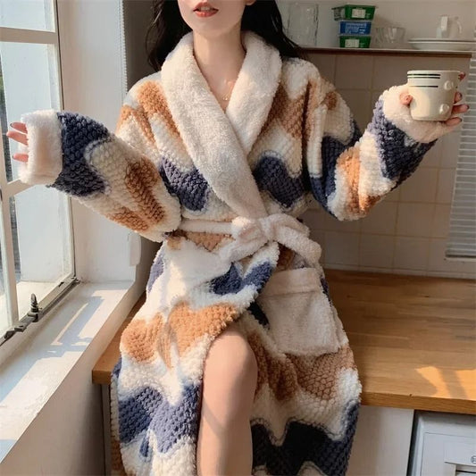 Cute Winter Pajama Robe Set Coral Fleece Nightgown Plus Velvet Warm Sleepwear