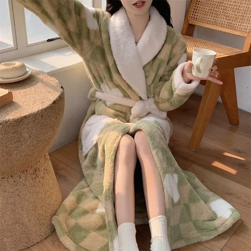 Cute Winter Pajama Robe Set Coral Fleece Nightgown Plus Velvet Warm Sleepwear