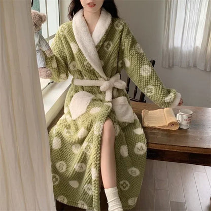 Cute Winter Pajama Robe Set Coral Fleece Nightgown Plus Velvet Warm Sleepwear