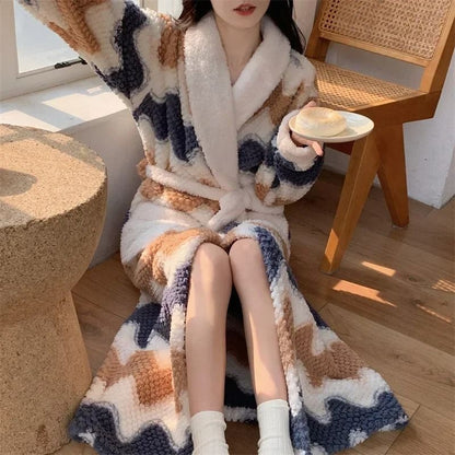 Cute Winter Pajama Robe Set Coral Fleece Nightgown Plus Velvet Warm Sleepwear