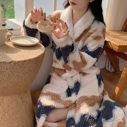 Cute Winter Pajama Robe Set Coral Fleece Nightgown Plus Velvet Warm Sleepwear