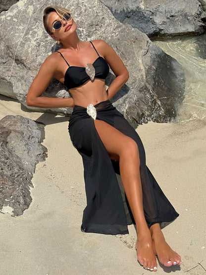 Vintage White Three Piece Push Up Bikini Set with Mesh Skirt