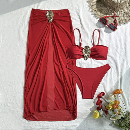 Vintage White Three Piece Push Up Bikini Set with Mesh Skirt