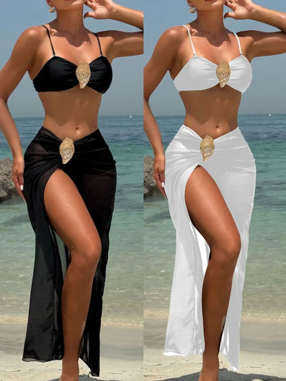Vintage White Three Piece Push Up Bikini Set with Mesh Skirt