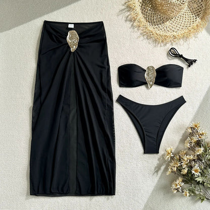 Vintage White Three Piece Push Up Bikini Set with Mesh Skirt