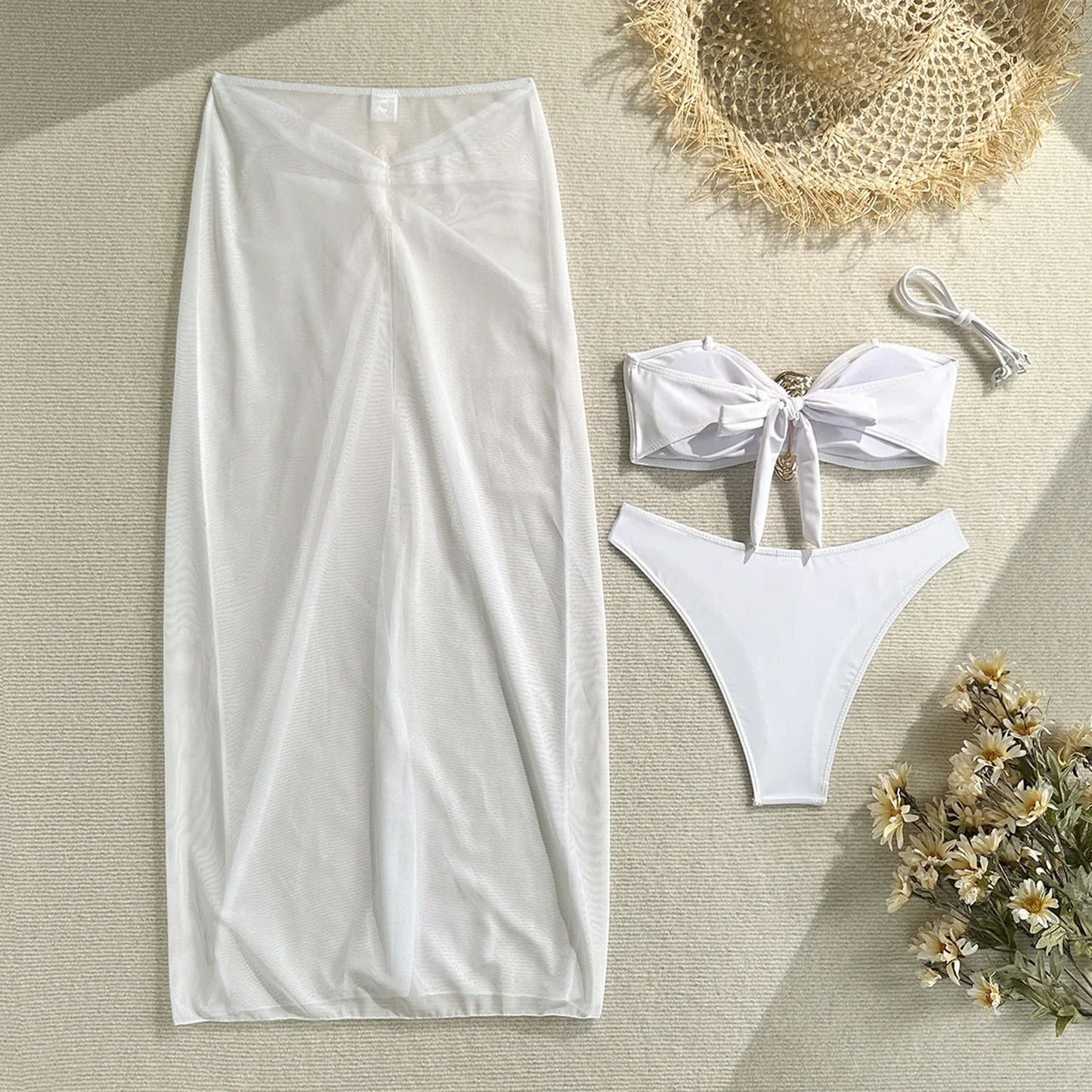Vintage White Three Piece Push Up Bikini Set with Mesh Skirt