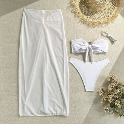 Vintage White Three Piece Push Up Bikini Set with Mesh Skirt