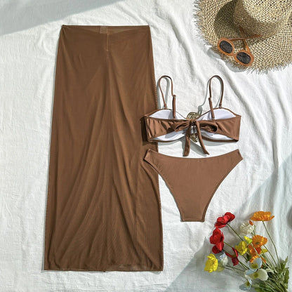 Vintage White Three Piece Push Up Bikini Set with Mesh Skirt