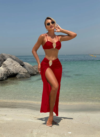Vintage White Three Piece Push Up Bikini Set with Mesh Skirt