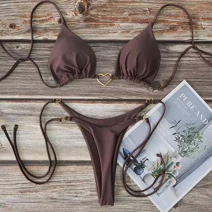Heart Print Brazilian Halter Bikini Set