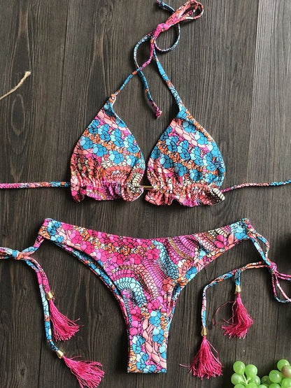 Floral Print Push Up String Bikini Set