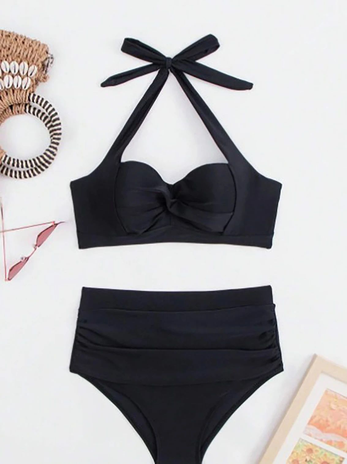 Gathered Solid Color Bikini Set
