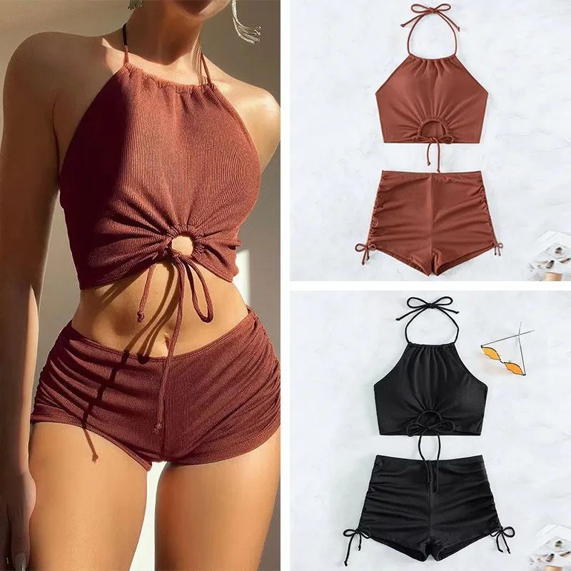 Solid Halter Strapless Bikini Set for Women Stylish Two Piece Swimwear