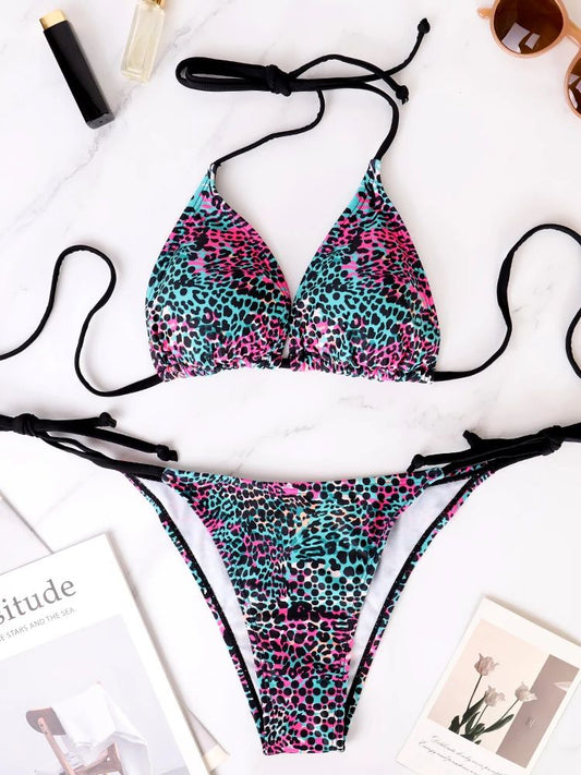 Colorful Polka Dot Lace Up Bikini Set