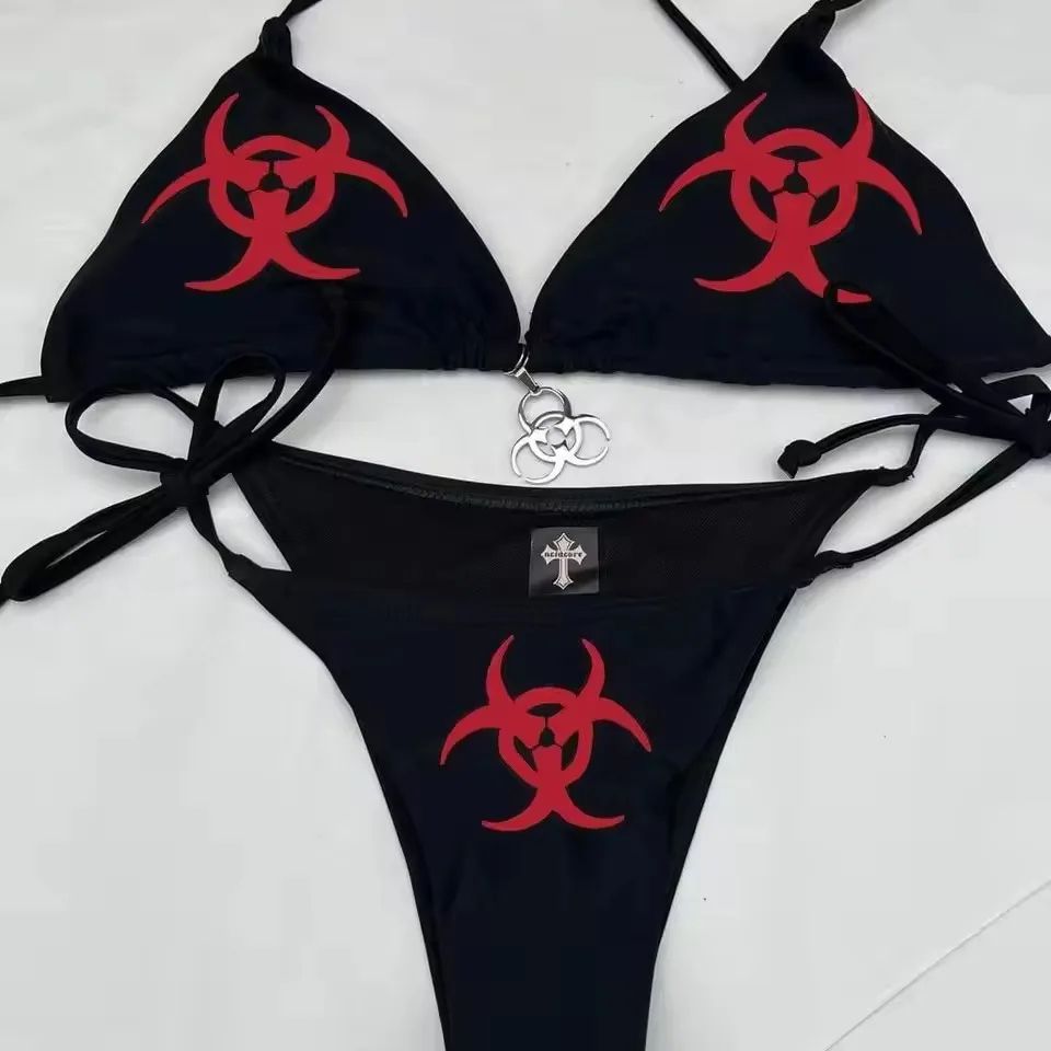 Y2K Millennium Print Thong Bikini Set