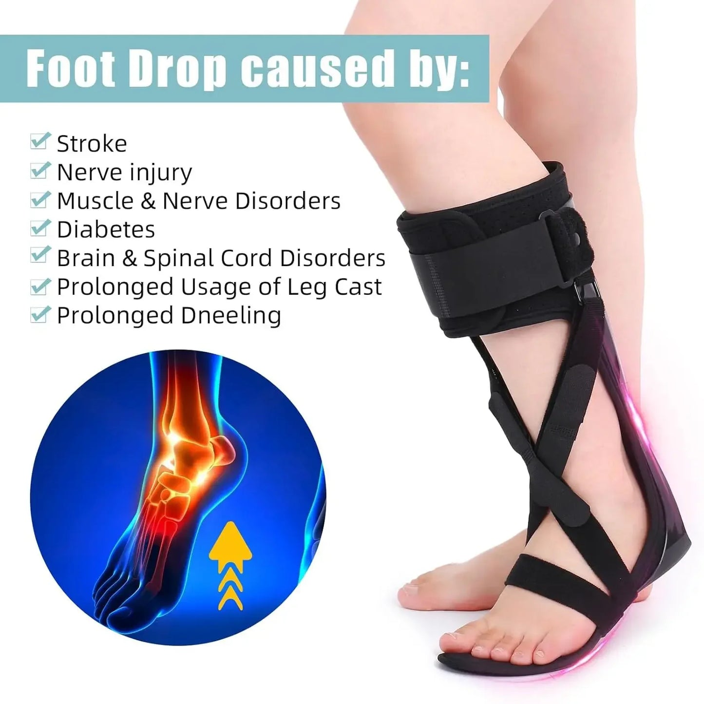 Adjustable Foot Drop Support Brace for Stroke, MS, Hemiplegia | Medical Ankle Foot Orthosis for Men & Women