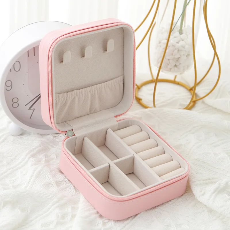 Single-Layer PU Leather Travel Jewelry Box – Compact Zipper Organizer Case