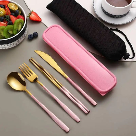 4 pcs Stainless Steel Cutlery Set with Storage Box – Portable Tableware for Home & Travel