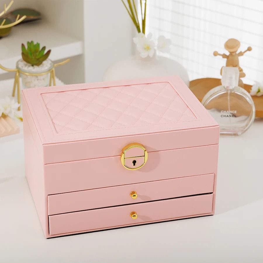 Rhomboid Round Lock Three-Layer Jewelry Box – Premium Leather Storage