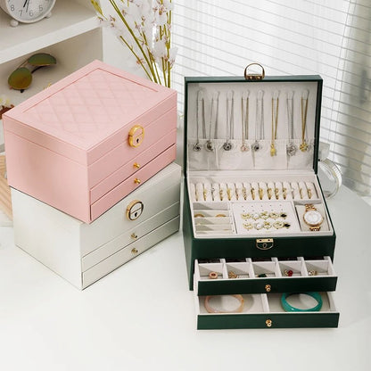Rhomboid Round Lock Three-Layer Jewelry Box – Premium Leather Storage