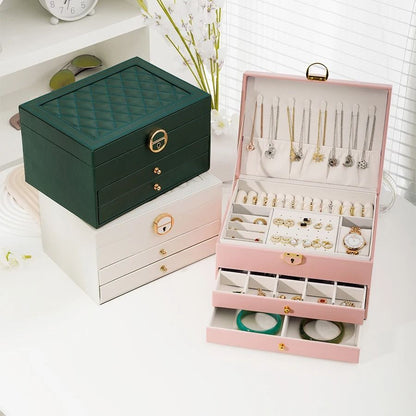 Rhomboid Round Lock Three-Layer Jewelry Box – Premium Leather Storage
