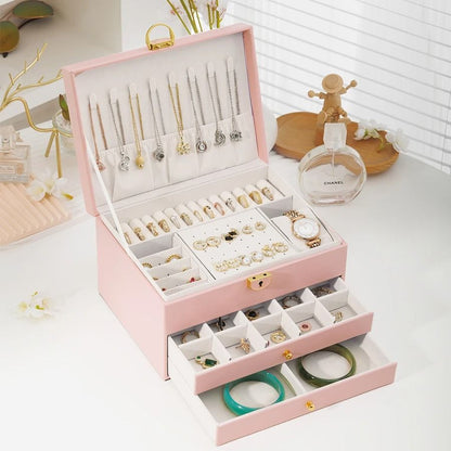 Rhomboid Round Lock Three-Layer Jewelry Box – Premium Leather Storage