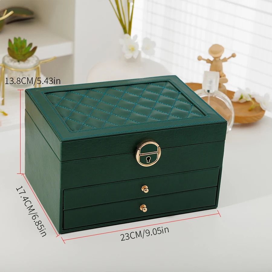 Rhomboid Round Lock Three-Layer Jewelry Box – Premium Leather Storage