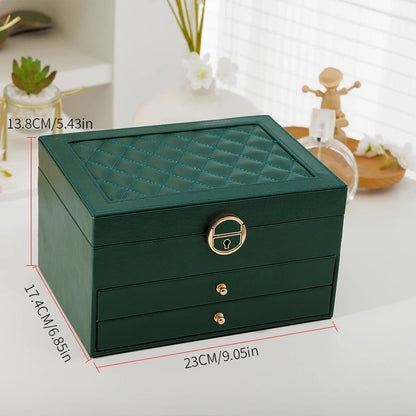 Rhomboid Round Lock Three-Layer Jewelry Box – Premium Leather Storage