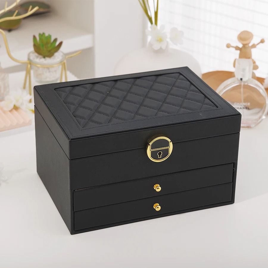 Rhomboid Round Lock Three-Layer Jewelry Box – Premium Leather Storage