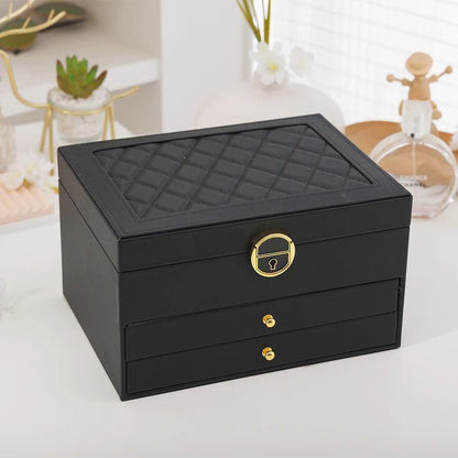 Rhomboid Round Lock Three-Layer Jewelry Box – Premium Leather Storage