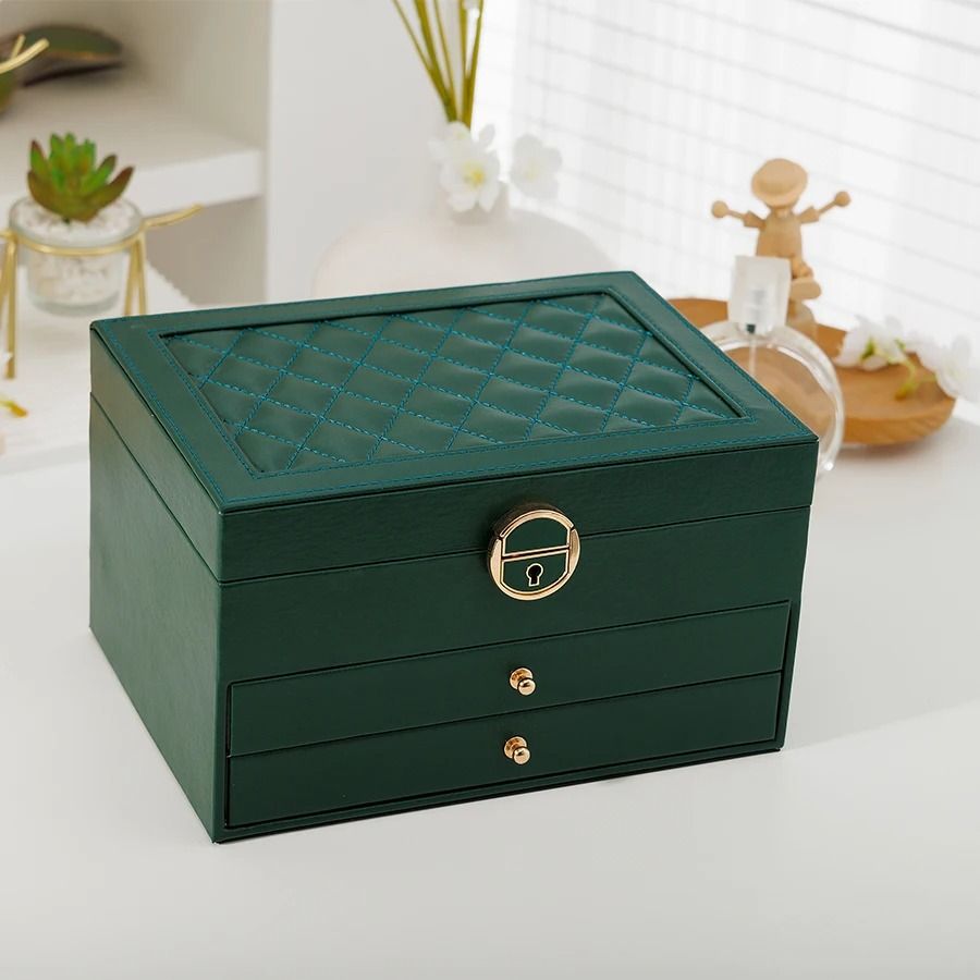 Rhomboid Round Lock Three-Layer Jewelry Box – Premium Leather Storage