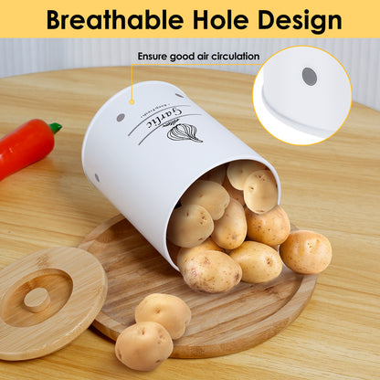 Garlic Keeper Storage Jar with Wood Lid, Versatile Onion and Potato Storage Box with Aerating Holes for Home Use