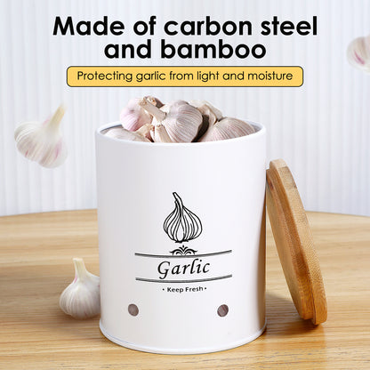 Garlic Keeper Storage Jar with Wood Lid, Versatile Onion and Potato Storage Box with Aerating Holes for Home Use