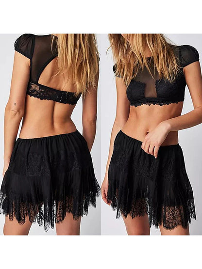 Lace Patchwork Ruffle Mini Beach Skirt
