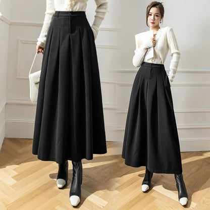 Elegant A-Line Woolen Maxi Skirt – High Waist Pleated Long Winter Skirt for Women